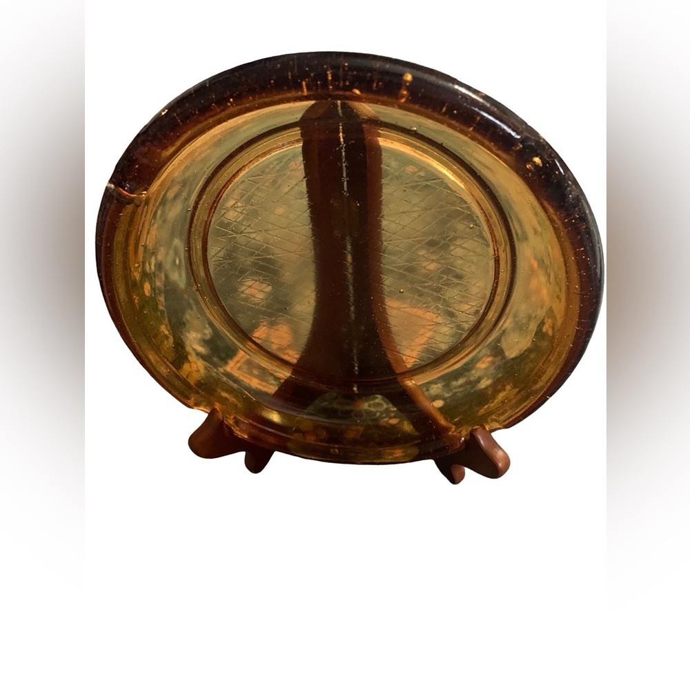 Vintage Ashtray 8" Round Amber‎ Glass Cigarette Cigar MCM Diamond Grid Bubble